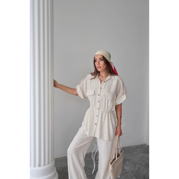 KETEN BELDEN BÜZGÜ DETAYLI GÖMLEK - PANTOLON TAKIM - Taş