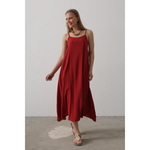 Askılı Uzun Çan Elbise - Bordo