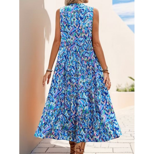 Kadın Askılı Yakası Fırfırlı Bağcıklı Desenli Uzun Süprem Elbise