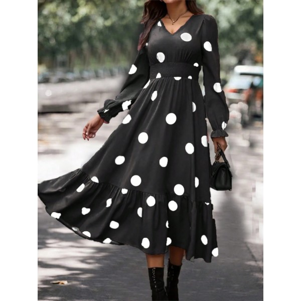 Kadın Uzun Kollu V Yakalı Beli Lastikli Puantiyeli Uzun Krep Elbise