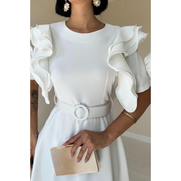 Beyaz Kolları Volanlı Kemerli Elbise