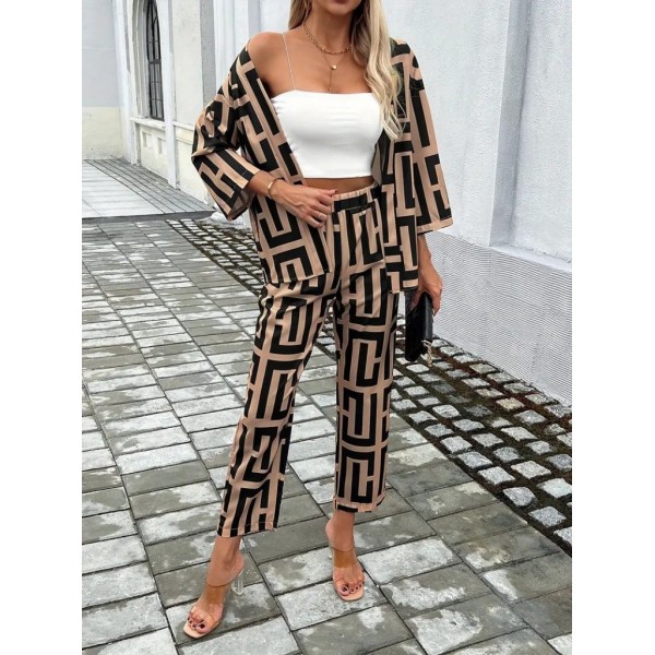 Kadın Uzun Kollu önü Açık Desenli Iki Iplik Ceket Ve Pantolon Ikili Takım
