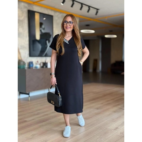 Kadın Kısa Kollu V Ribana Yakalı Yırtmaçlı Midi Viskon Iki Iplik Elbise