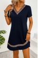 Kadın Kısa Kollu V Yakalı Etnik Desen şerit Detaylı Viskon Elbise