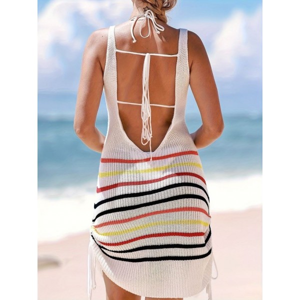 Kadın V Yaka çizgi Desenli Yanlar Asansör Büzgülü Triko Pareo