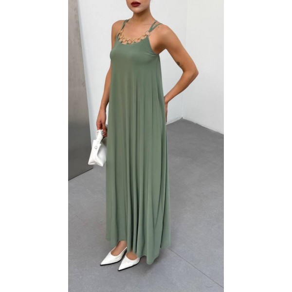 Kadın Omuz Askılı Kuş Gözü Zincir Detay Sandy Kumaş Maxi Boy Elbise