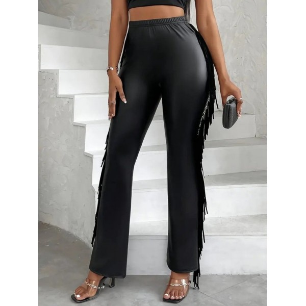 Kadın Yüksek Bel Yanlardan Püsküllü Deri Pantolon