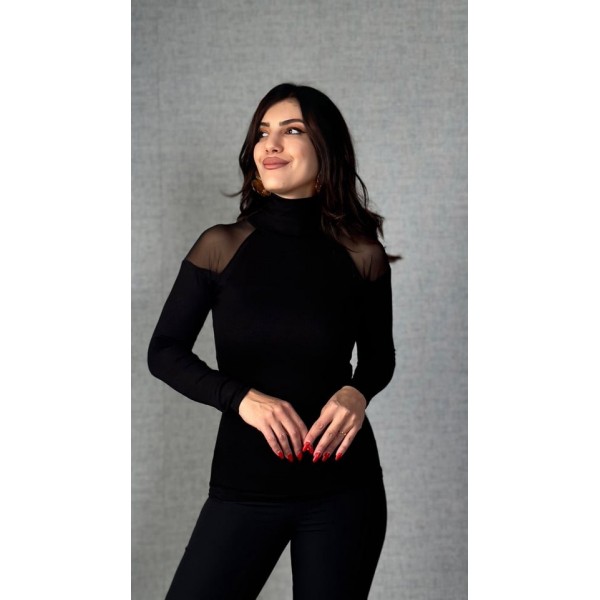 Kadın Omuzları Tül Balıkçı Yaka Viskon Kumaş Bluz