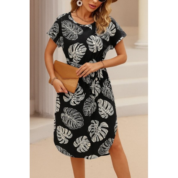 Kadın Kısa Kollu Bisiklet Yaka Desenli Kuşaklı örme Krep Midi Elbise