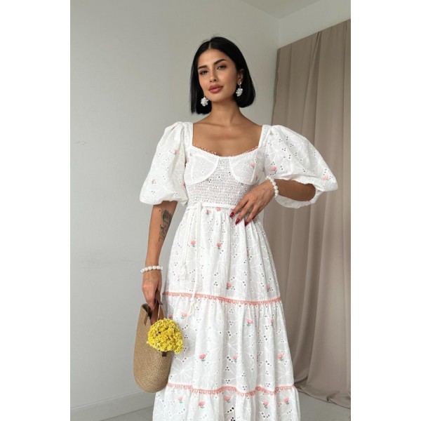 Pudra Dantel Detaylı Brode Elbise