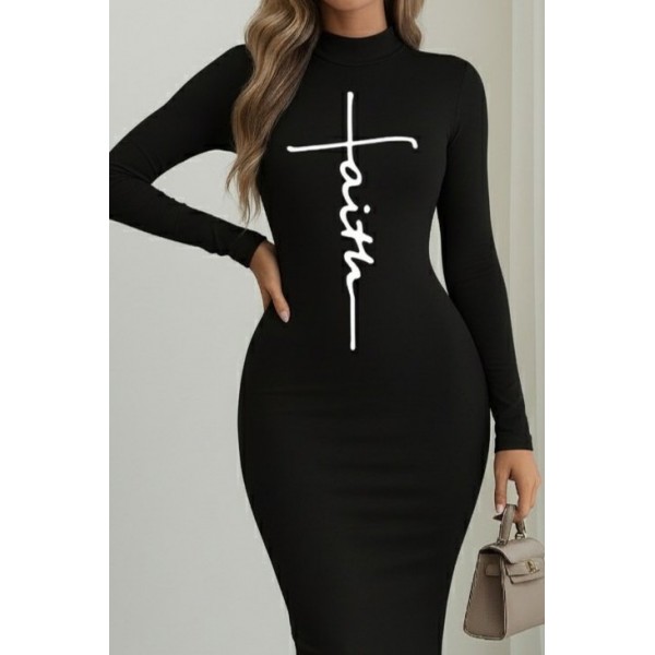 Kadın Uzun Kollu Boğazlı Baskı Detaylı Viskon Tam Boy Elbise