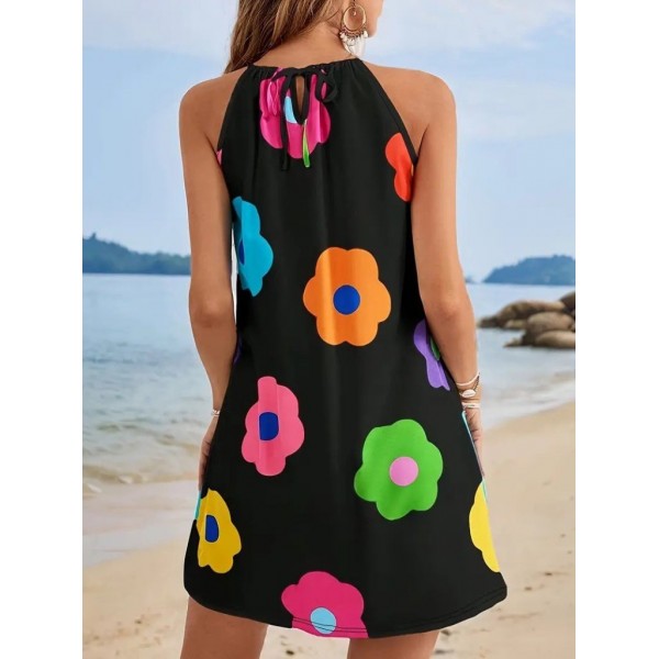 Kadın Boyundan Askılı Kolsuz çiçek Desenli Süprem Elbise