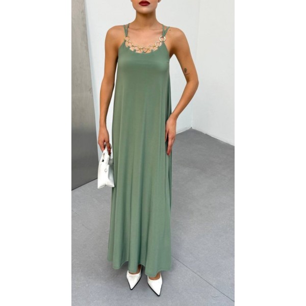 Kadın Omuz Askılı Kuş Gözü Zincir Detay Sandy Kumaş Maxi Boy Elbise