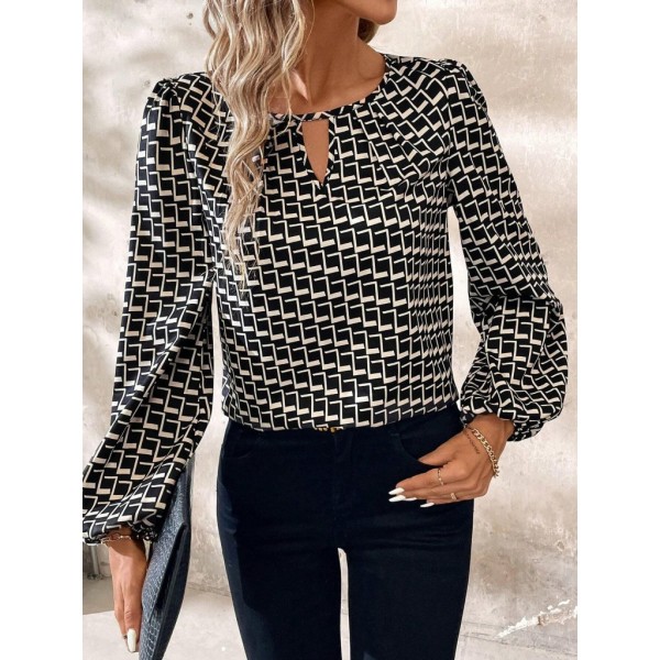 Kadın Uzun Kollu Damla Detaylı Yaka Desenli Süprem Bluz