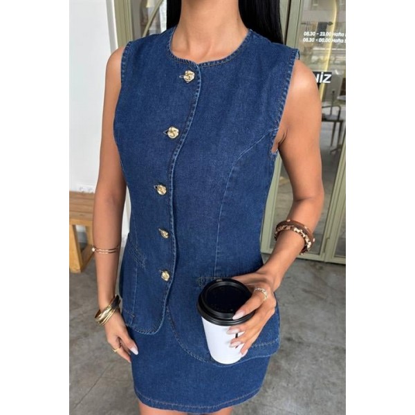 Kolsuz Yelekli Mini Etekli Denim Takım 10164
