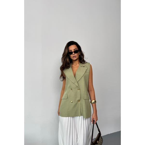 GOLD DÜĞMELİ KETEN YELEK - Yeşil