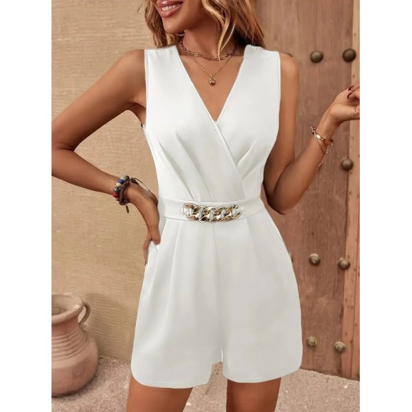 Kadın Sıfır Kollu V Yakalı Cep Detaylı Ithal Krep Tulum