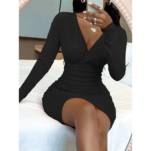 Kadın Uzun Kollu Kruvaze Yaka Sandy Mini Elbise