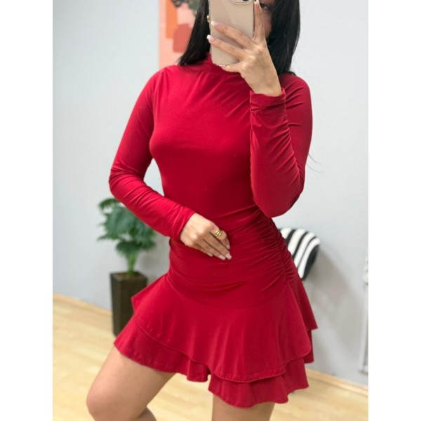 Kadın Uzun Kollu Balıkçı Yaka Mini Fırfırlı Sandy Elbise