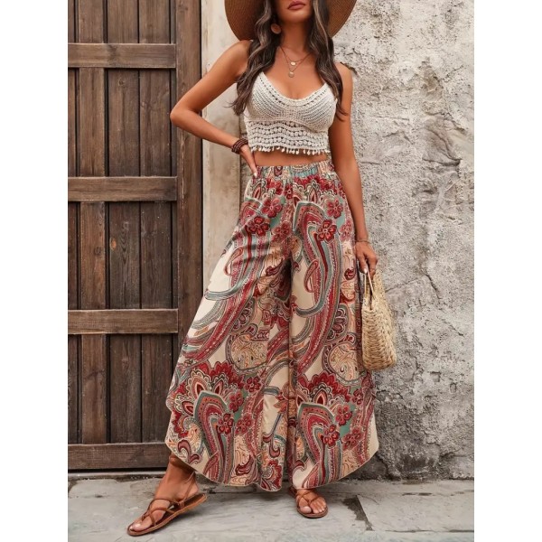 Kadın Yüksek Bel Beli Lastikli Desenli Geniş Paçalı Süprem Pantolon