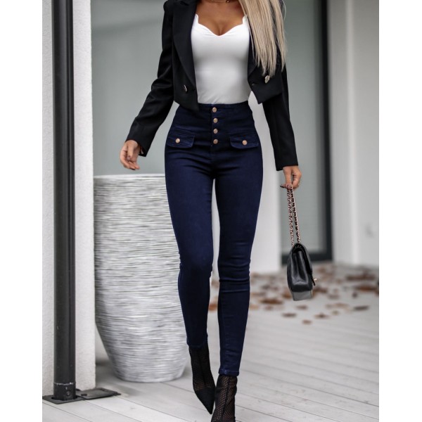 Kadın Yüksek Bel Düğmeli Cep Detay Kot Pantolon