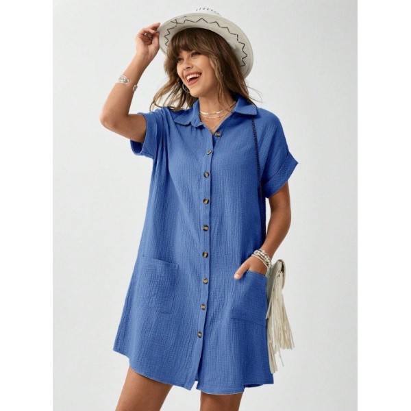 Kadın Cep Detay Müslin Kumaş Mini Gömlek Elbise