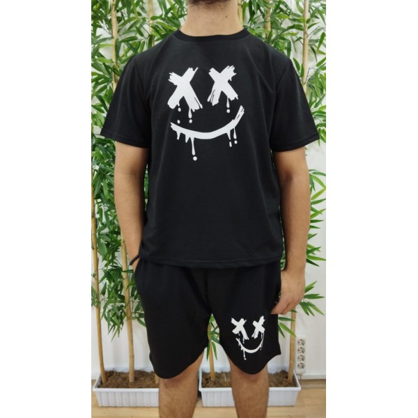 Erkek Kısa Kollu Bisiklet Yaka Baskılı Tişört Ipli Short Iki Iplik Takım