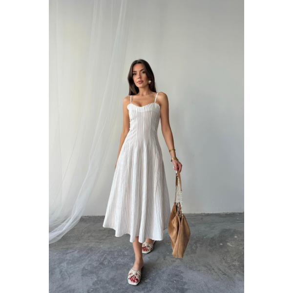 SİMLİ ÇİZGİLİ ASKILI ELBİSE MİDİ BOY - Kahverengi