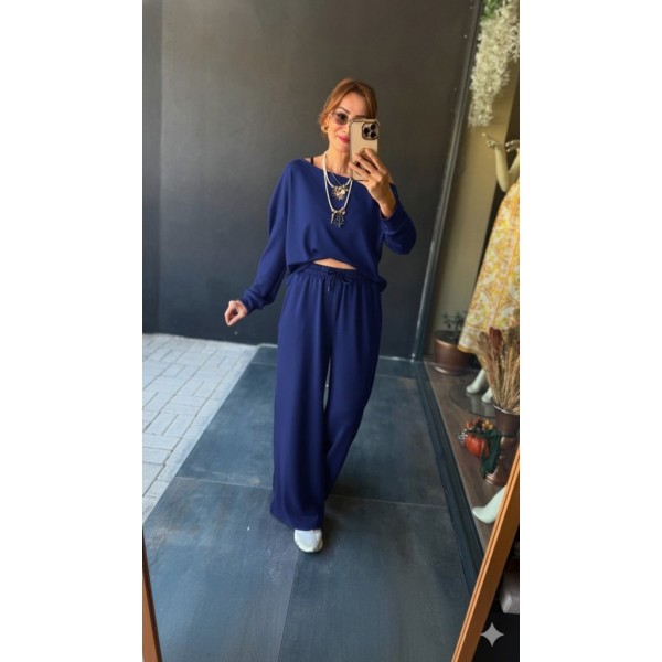 Kadın Uzun Kollu Tek Omuzdan Açık Viskon Iki Iplik Bluz Ve Pantolon Ikili Takım