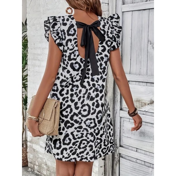 Kadın Kısa Kollu Kolları Fırfır Detay Arkası Bağlamalı Leopar Desen Kolsuz Mini Mikro Elbise