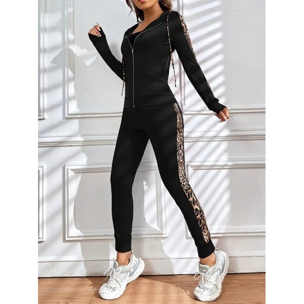 Kadın Uzun Kollu Kapşonlu Fermuarlı Bağcıklı Viskon Iki Iplik Bluz Ve Pantolon Tayt