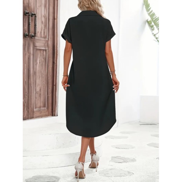 Kadın Kısa Kollu Yakalı Düğme Detay Midi Dokuma Elbise