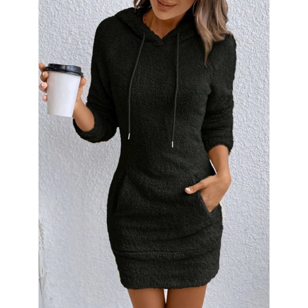 Kadın Uzun Kollu Kapşonlu Cepli Mini Peluş Elbise