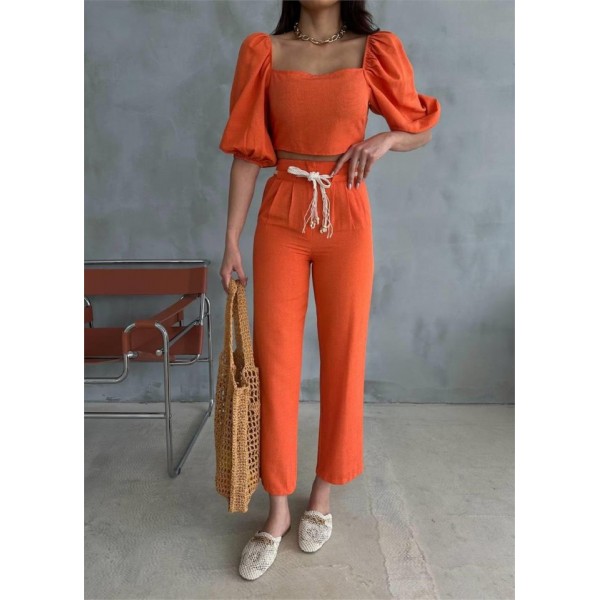 KETEN CROP KARPUZ KOL BLUZ-PANTOLON HASIR KEMERLİ - Orange
