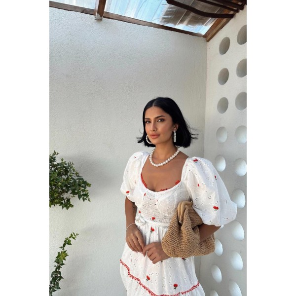 Nar Çiçeği Dantel Detaylı Brode Elbise