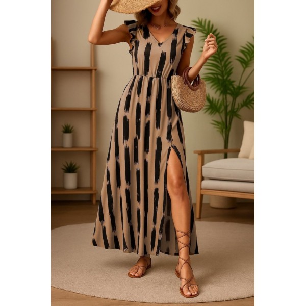 Kadın Kısa Kollu V Yakalı Yırtmaçlı çiçek Desenli Süprem Elbise