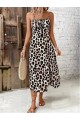 Kadın Askılı Yakadan Bağcıklı Yırtmaçlı Leopar Desenli Midi Süprem Elbise