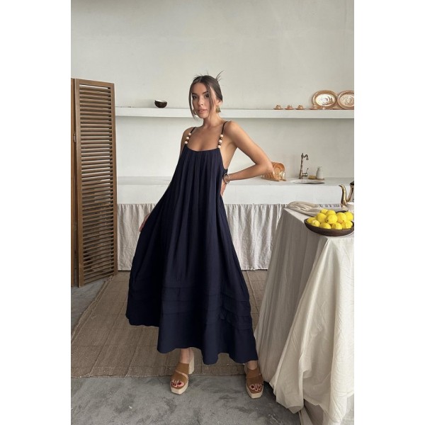 Lacivert Askılı Müslin Elbise