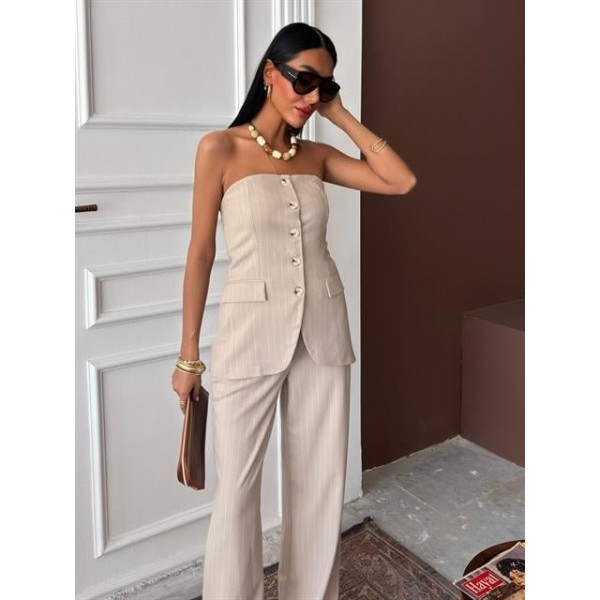 Straplez Büstiyerli Plazzo Pantolonlu Çizgili Takım 10151