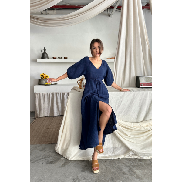V YAKA BEL BONCUK BAĞLAMALI MÜSLİN ELBİSE YIRTMAÇ DETAYLI - Lacivert