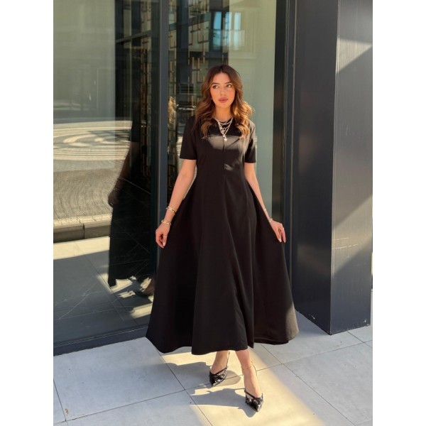 Kadın Kısa Kollu Bisiklet Yaka Maksi Boy Ithal Krep Elbise