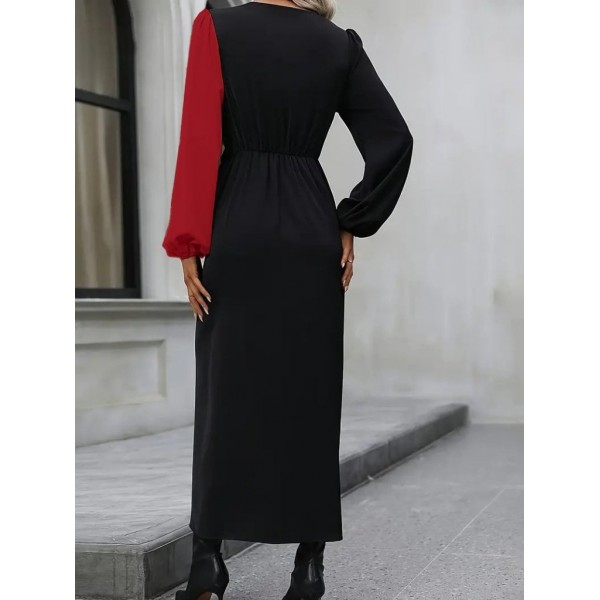 Kadın Uzun Kollu Kruvaze Yakalı Belden çapraz Detaylı çift Renkli Midi Ithal Krep Elbise