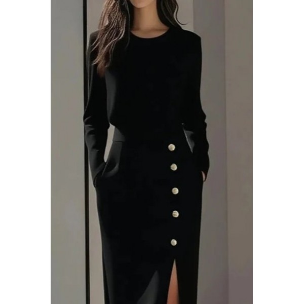 Kadın Uzun Kollu Bisiklet Yakalı Yandan Yırtmaçlı Düğmeli Midi Ithal Krep Elbise