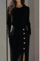 Kadın Uzun Kollu Bisiklet Yakalı Yandan Yırtmaçlı Düğmeli Midi Ithal Krep Elbise