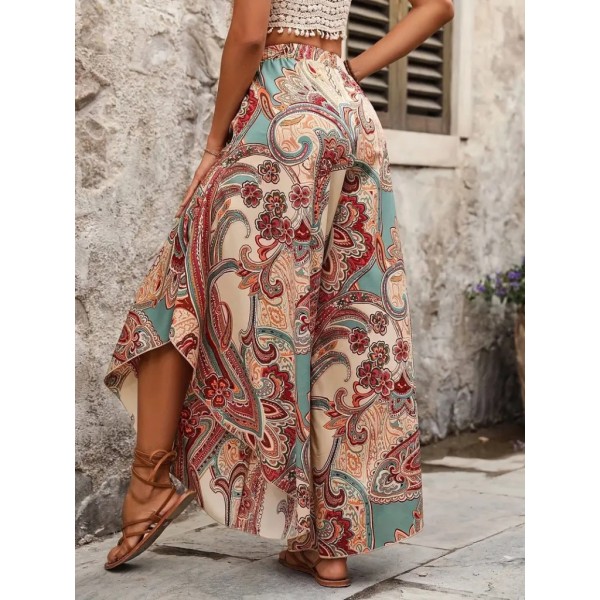 Kadın Yüksek Bel Beli Lastikli Desenli Geniş Paçalı Süprem Pantolon