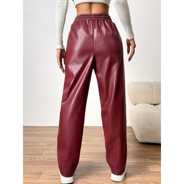 Kadın Yüksel Bel Bağcıklı Deri Pantolon