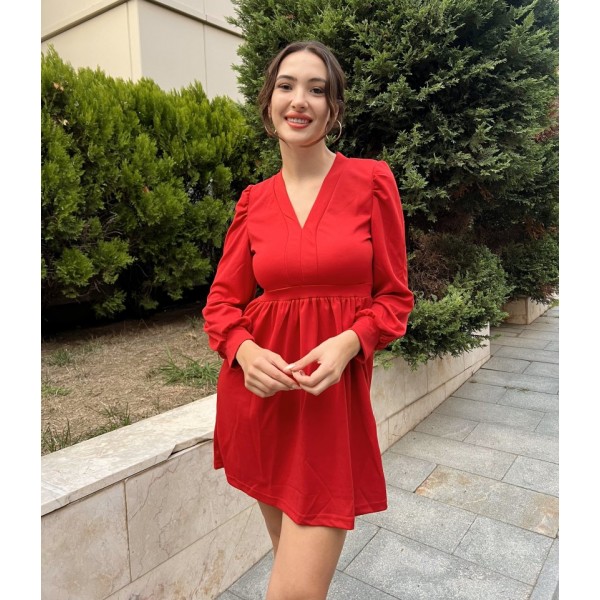 Kadın Uzun Kollu V Yaka Belden Hafif Pileli Scuba Krep Mini Boy Elbise