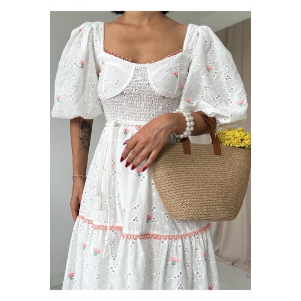 Pudra Dantel Detaylı Brode Elbise