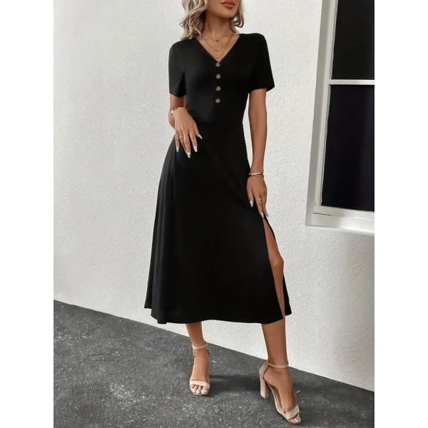 Kadın Kısa Kollu V Yakalı önden Düğmeli Yırtmaçlı Midi Viskon Elbise