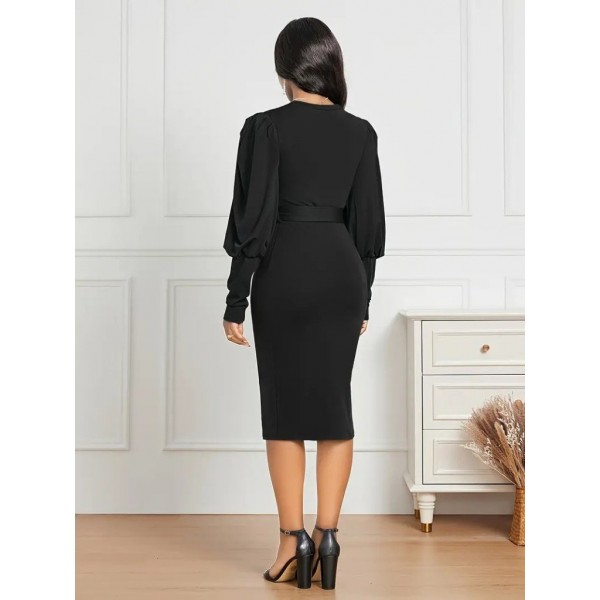 Kadın Uzun Kollu Bisiklet Yaka Beli Kuşaklı Ithal Krep Midi Elbise